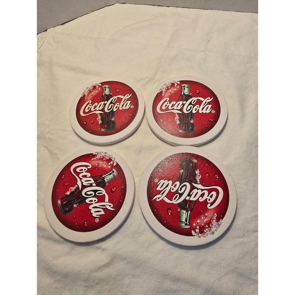 Coca-Cola Ceramic Drink Coasters Set of 4 Red Logo Cork Backing 4", /0243